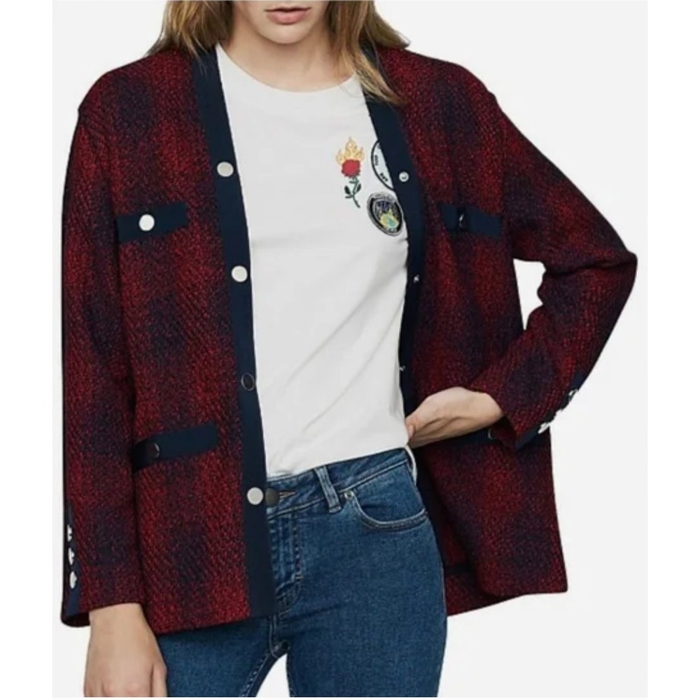 Maje Vero Cardigan Women Size 38 Red Plaid Tweed Blazer Jacket Button Front NWT